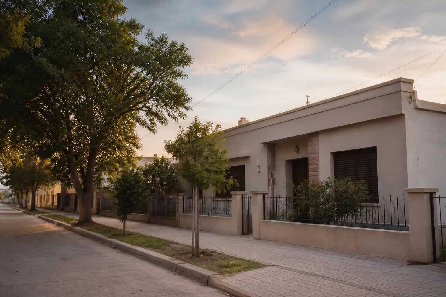 Vista de una calle de pueblo con oficina y entorno residencial.