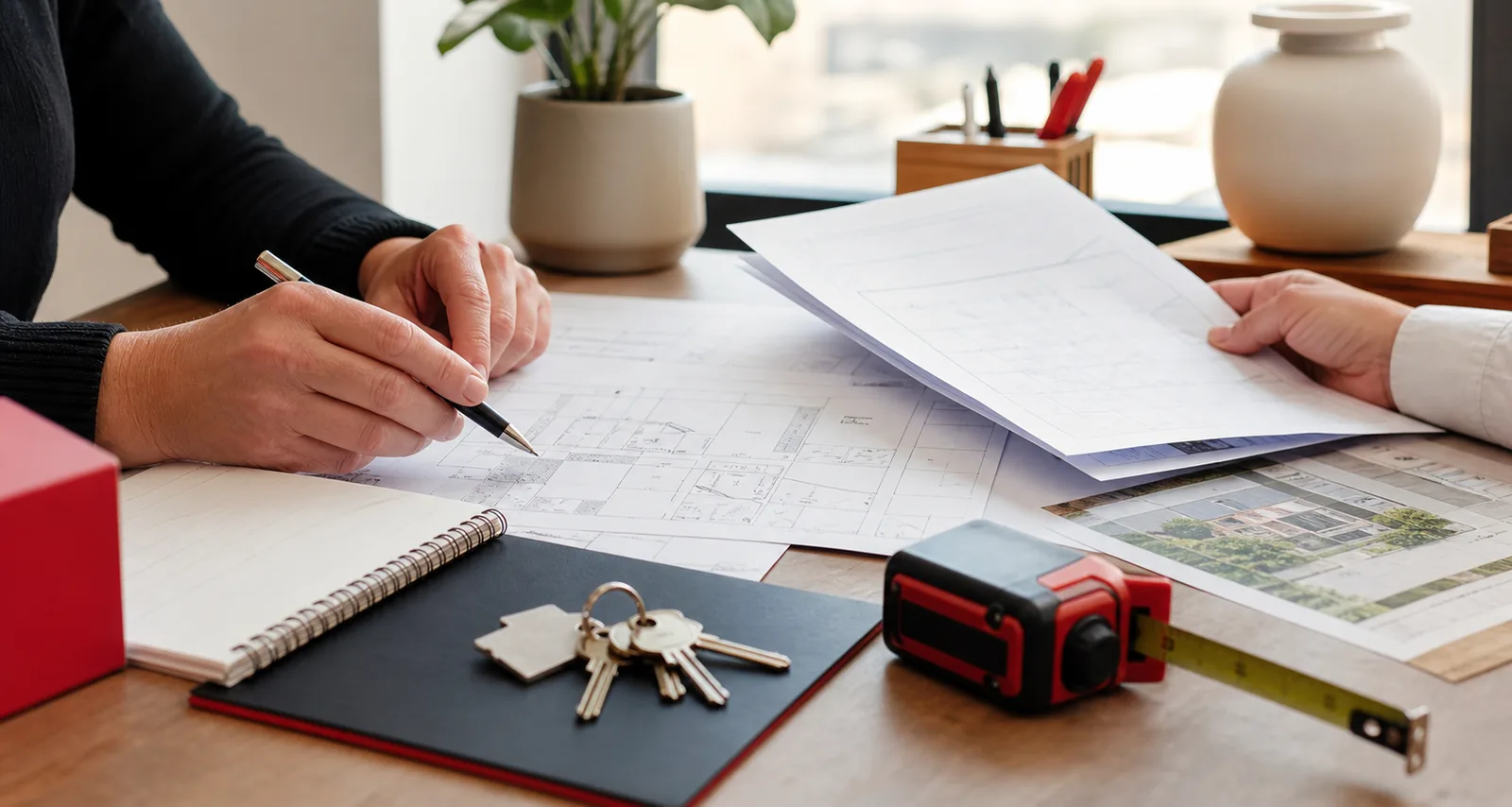 Documentación, planos y llaves sobre una mesa de trabajo.